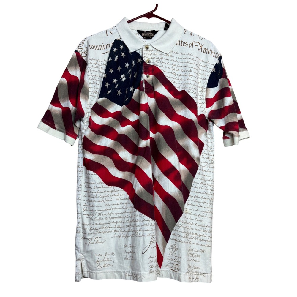 Vintage y2k Polo Shirt Mens Large White American Flag Declaration Independence